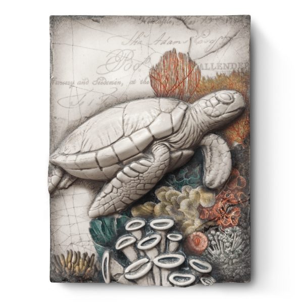 A white sculptural block decorated with a 3D turtle and piece of coral, behind it is a vintage illustration of a coral reef.